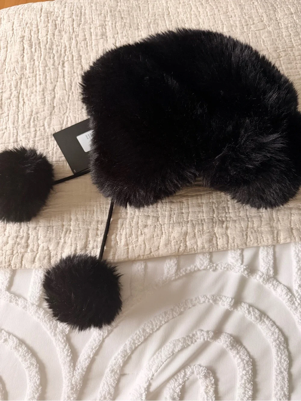 Moose Knuckles Black Faux Fur Trapper Hat with Gold Logo Tag
